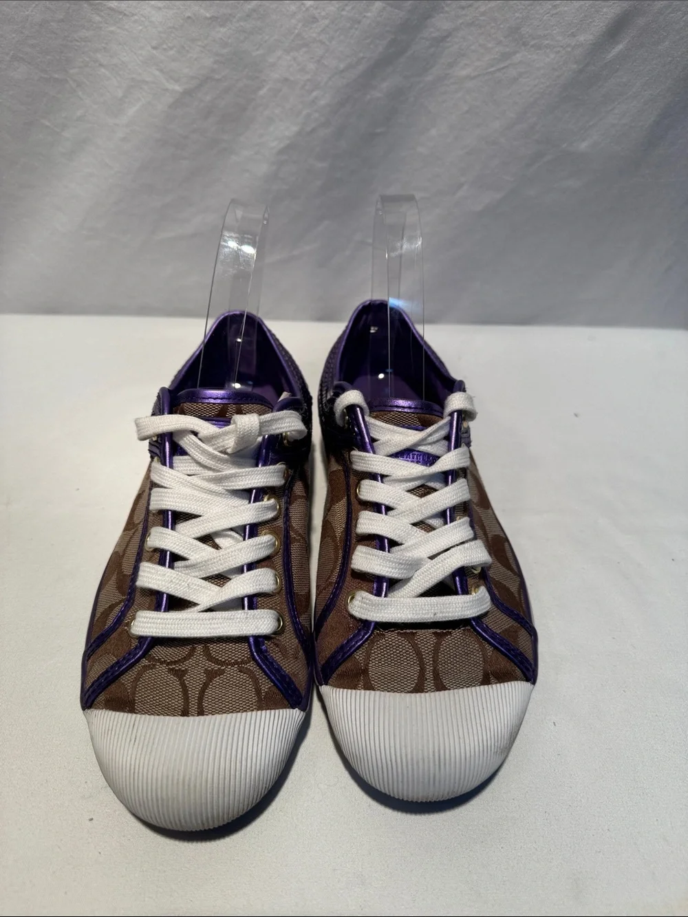 Coach Women's Signature Canvas Sneakers with Purple Trim and White Soles